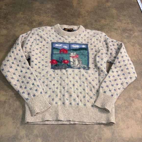 Eddie Bauer Sweaters - Eddie Bauer Sweater Womens Medium Oatmeal Vintage 1989 Wool Blend Cat Intarsia